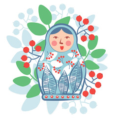 Illustration russian souvenir nested doll surrounded by leaves and berries on white bsackground.