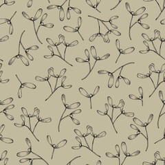 Wall Mural - Elegant hand drawn Christmas seamless pattern with mistletoe. Winter vintage engraving design. Golden vector illustration background. Floral tile for fabric, scrapbooking.