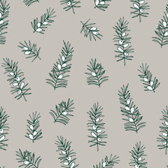 Wall Mural - Elegant hand drawn Christmas seamless pattern. Evergreen coniferous taxus tree branches. Winter vintage engraving design. Beige vector illustration background. Floral tile for fabric, scrapbooking.