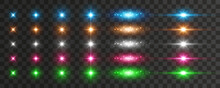 Flare Light Effect Set Isolated On Transparent Background. Blue, White, Gold, Silver, Pink, Green Flash Lense Rays And Spotlight Beams. Glow Star Burst With Sparkles