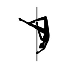 Black Silhouette Of Woman Dancing With Pole Vector Illustration Isolated.