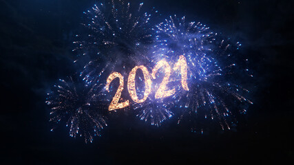 2021 Happy New Year greeting text with particles and sparks on black night sky with colored fireworks on background, beautiful typography magic design.