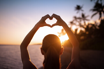 Wall Mural - Heart shape hands reaching out to sky, warm sunshine in the palm of hands.