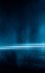 Wall Mural - dark street, wet asphalt, reflections of rays in the water. abstract dark blue background, smoke, sm