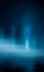 Dark street, wet asphalt, reflections of rays in the water. Abstract dark blue background, smoke, smog. Empty dark scene, neon light, spotlights. Concrete floor