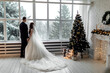 © Andriy Medvediuk - Young couple in love bride and groom posing in studio on background decorated with Christmas tree in their wedding day at Christmas near the large panoramic window.