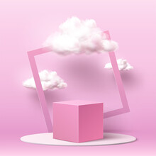 Vector Realistic Pink Square Podium With Clouds