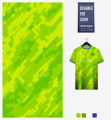 Fabric pattern design. Mosaic pattern on green background for soccer jersey, football kit or sports uniform. T-shirt mockup template. Abstract sport background.