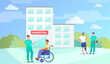 © Rudzhan - Rehabilitation center or clinic for disabled or injured people. Patients talking with doctors in clinic yard. Concept of disabled peoples rehabilitation physiotherapy. Flat cartoon vector illustration