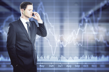 Canvas Print - Successful businessman talking on the phone against the background of growing financial graph, online trading concept