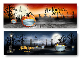 Wall Mural - Holiday Halloween banners with pumpkins wearing medical face mask and silhouettes of bats, dead trees and big moon. Halloween festival in Covid-19. Coronavirus concept. Vector