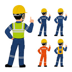 Set of industrial worker raising forefinger on white background