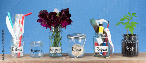 Zero Waste management, illustrated in 6 jars with text Refuse, reduce, recycle, repair, reuse, rot. Save money, eco lifestyle, sustainable living and zero waste concept