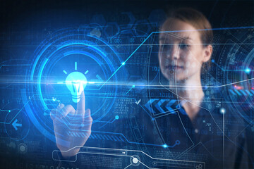 business, technology, internet and network concept. young businessman thinks over the steps for succ