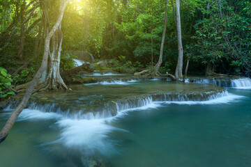 Aufkleber - Beautiful deep forest waterfall at Kanchanaburi province, Thailand.