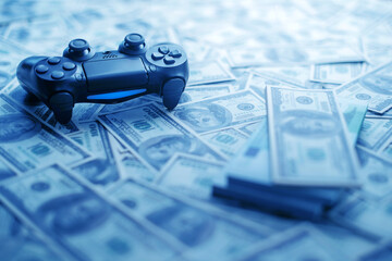 Canvas Print - Concept of gaming addiction. Close up photo of gamepad on the money background.