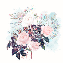 Wall Mural - Beautiful vector  rose flowers in watercolor style