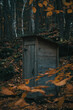 outhouse in the middle of the woods, with orange leaves all around