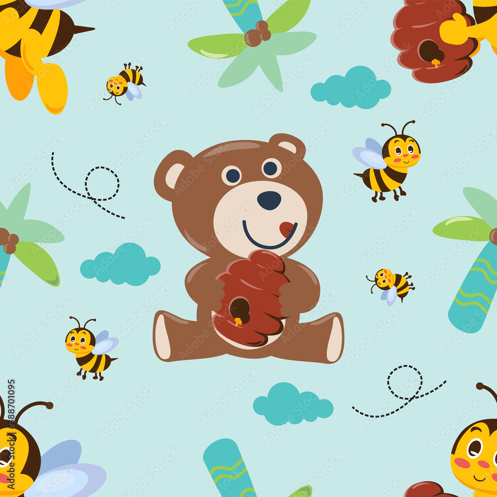 Vector seamless pattern with cute bear and bees. Creative vector ...