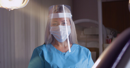 Modern female dentist wearing protective shield