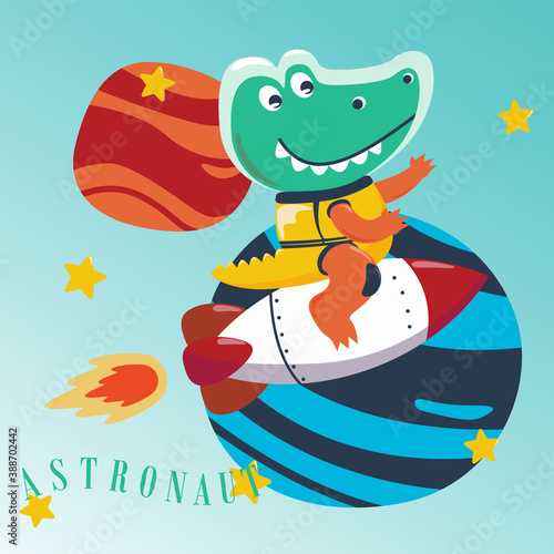 Fotografía Cute little aligator Astronaut in space wearing space suits with cartoon style