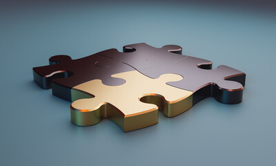 close-up view of puzzle pieces, one piece has a different color, concept of teamwork and leadership (3d render)