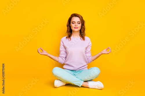 Fotomural Full body photo of focused girl sit legs crossed train yoga exercise show omg sy