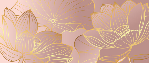 golden lotus line arts on dark background, luxury gold wallpaper design for prints, banner, fabric, 