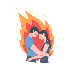 Sticker - Love Fire, Burning Romantic Couple Embracing Cartoon Style Vector Illustration