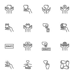 Wall Mural - Charity and donation line icons set, outline vector symbol collection, linear style pictogram pack. Signs logo illustration. Set includes icons - hand holding heart, money donate, gift box, volunteer