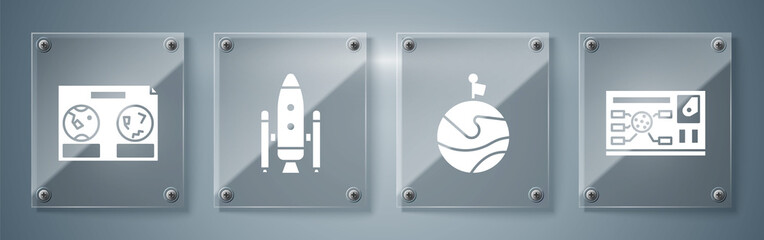 Canvas Print - Set Futuristic hud interface, Moon with flag, Space shuttle and rockets and Celestial map of the night sky. Square glass panels. Vector.