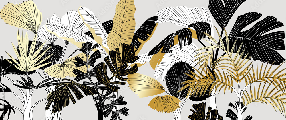 Luxury gold and black tropical plant background vector. Floral pattern with golden tropical palm, coconut tree, split-leaf Philodendron plant ,Jungle plants line art on white background. - obrazy, fototapety, plakaty 