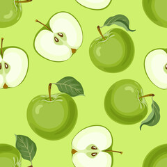 Wall Mural - Green apple fruit and leaves seamless pattern. Food background. Vector cartoon flat illustration.