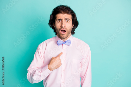 Photo of shocked surprised stubble gentleman dressed pink outfit pointing himself isolated teal color background