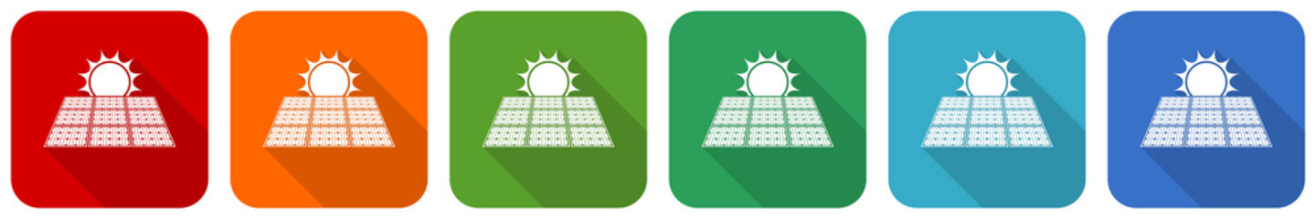 Poster - Sun over solar panel icon set, flat design vector illustration in 6 colors options for webdesign and mobile applications