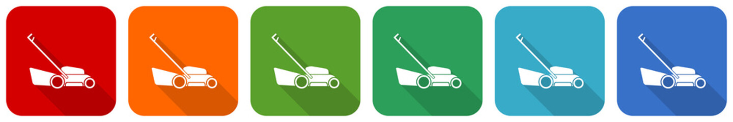 Leinwandbilder - Lawn mower icon set, flat design vector illustration in 6 colors options for webdesign and mobile applications