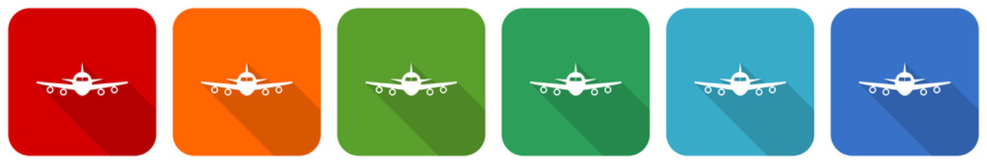Fototapete - Flight, plane, aircraf icon set, flat design vector illustration in 6 colors options for webdesign and mobile applications
