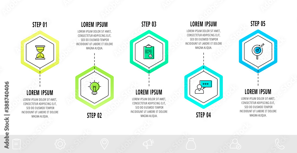 Vector infographic hexagons with five steps. Flat template can be used ...