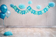 © Renee Heetfeld - Digitaler Hintergrund digital backdrop für cake smash Geburtstag türkis blau Girlande Happy Birthday Luftballons und Pompons grauer Hintergrund vintage Var. 1