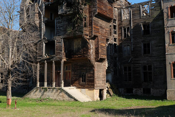 Abandoned building. Old house. Old wooden mansion from Prince's Islands in Istanbul. Shabby deck's on building. Sadness. Old age