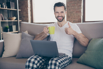 Sticker - Portrait of his he nice attractive cheerful cheery brunet guy sitting on sofa dinking cacao working remotely showing thumbup at modern loft industrial interior house apartment