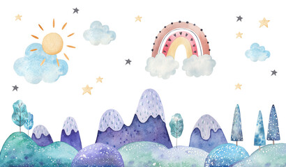 seamless pattern winter landscape, trees, mountains, clouds and stars watercolor childrens illustration on a white background, nursery room decor, print