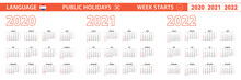 2020, 2021, 2022 Year Vector Calendar In Dutch Language, Week Starts On Sunday.