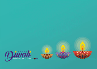 Deepavali or Diwali template or copy space. Beautiful burning diwali diya (india oil lamp) isolated on turquoise background. Festival of Lights celebration vector illustration.