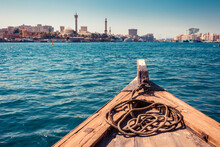 Panoramic View From Traditional Water Taxi Boats In Dubai, UAE. Creek Gulf And Deira Area. United Arab Emirates Famous Tourist Destination. Creative Color Post Processing.