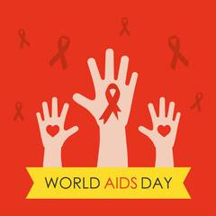 Wall Mural - world aids day design with hands up with ribbon and hearts, flat style