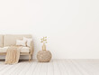 Living room interior wall mockup in warm tones with beige linen sofa, pillows, plaid, dried grass, woven basket table and boho style decoration on empty wall background. 3D rendering, illustration.