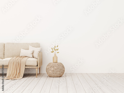 Cuadros en Lienzo Living room interior wall mockup in warm tones with beige linen sofa, pillows, plaid, dried grass, woven basket table and boho style decoration on empty wall background
