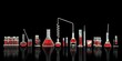 Line of lab test-tubes and other bio glassware with red liquid (blood test samples) on black background - college concept, 3D illustration of objects