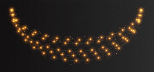 Wall Mural - Christmas garland isolated on transparent background. Glowing yellow light bulbs with sparkles. Xmas, New Year, wedding or Birthday decor. Party event decoration. Winter holiday season element.